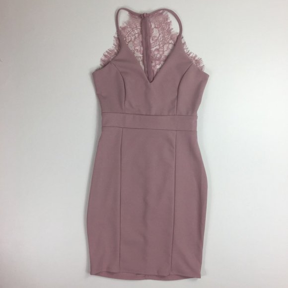 Mauve Bodycon Mini Dress with Lace Detail - Picture 1 of 6